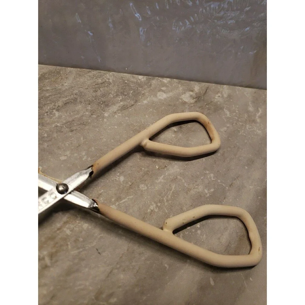 Vintage EKCO 10 Stainless Steel Kitchen Tongs Grippers, Ivory Rubber handle USA